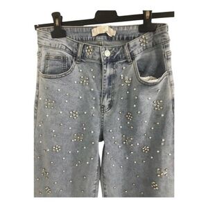 Stunning Pearl & crystal cz adorned light wash denim jeans size large brand new‎